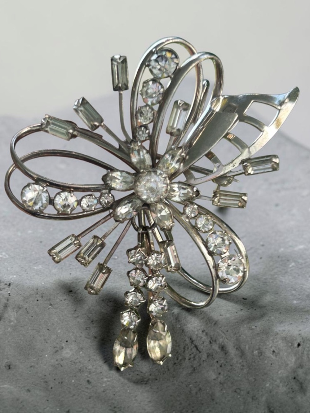 Vintage Signed Carl Art STERLING Floral Pendant Brooch - Clear Rhinestones